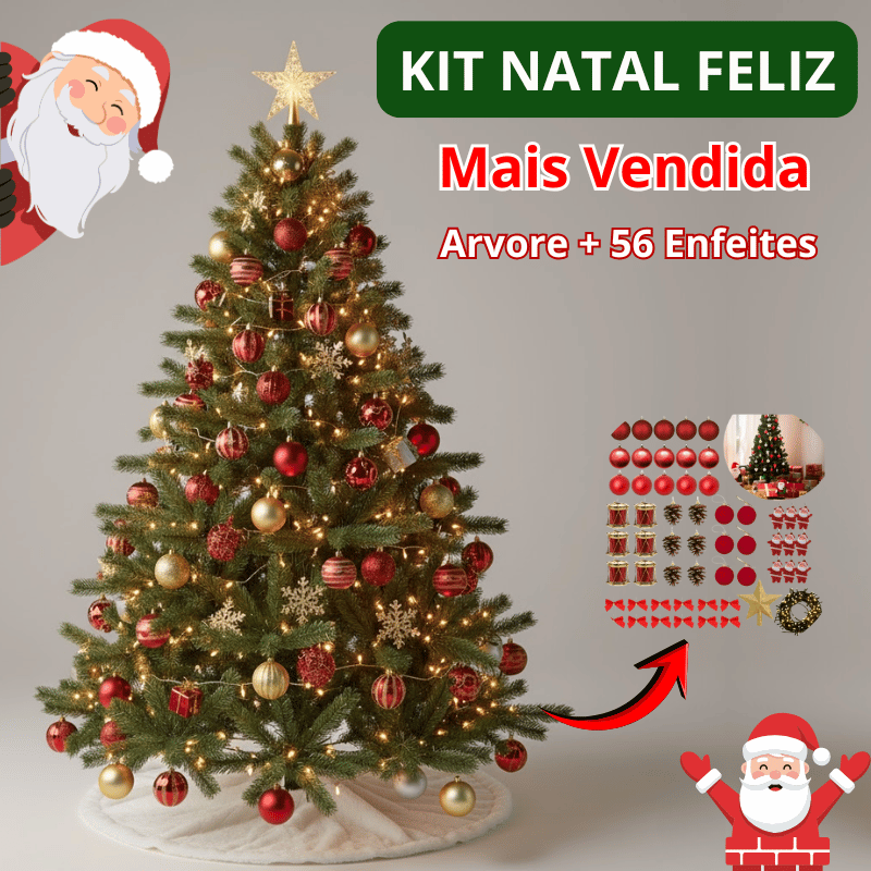 KIT NATAL FELIZ 01 - Arvore de Natal 1200 Galhos + 1 Estrela Dourada + 56 Enfeites de Decoração